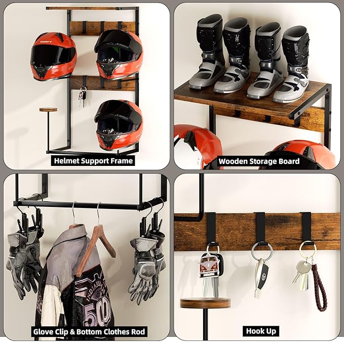 Urban Deco Motorcycle Helmet Holder Wall Mount, Helmet Rack with 4 Hat Stands, Helmet Stand for Display Wall Mount, Motorcycle Accessories Gear Storage for Men, Large