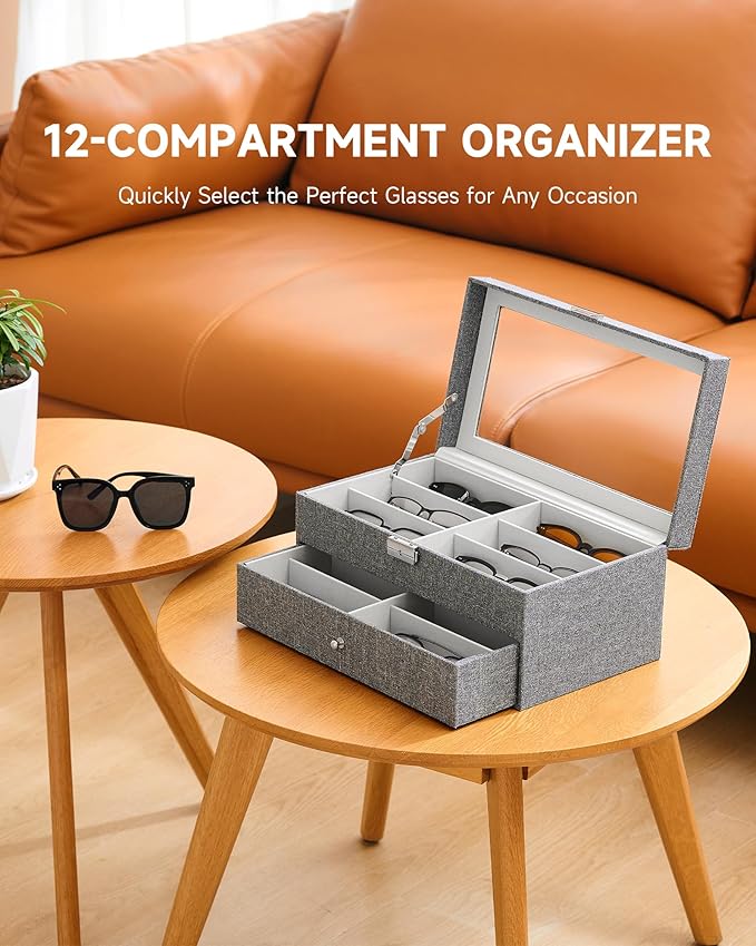 CO-Z Sunglasses Organizer with 12 Slots, Linen Eyeglasses Storage Box for Women Men, 2 Story Lockable Display Case for Multiple Glasses, Sunglasses Jewelry Collection Holder with Drawer, Grey