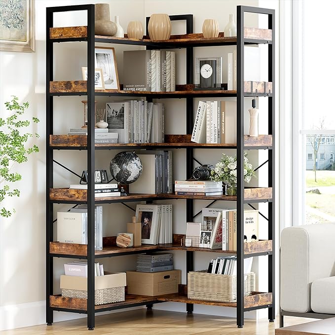 KOUSEI 6-Tier L-Shaped Reversible Corner Bookshelf, 69" Rustic Brown Industrial Wood & Metal Bookcase, Wide Open Shelves + 4 Hooks for Living Room/Bedroom/Home Office