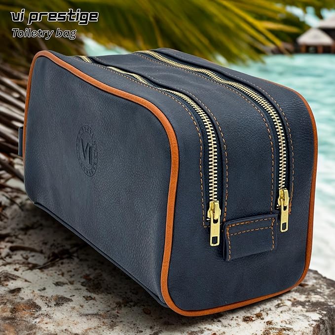 Dopp Gift Large Travel Toiletry Bag Premium Quality PU Leather Two compartments YKK Zippers Water-resistant Bottom Studs Mesh Pockets Durable Cosmetic Organizer NAVY BLUE/ORANGE