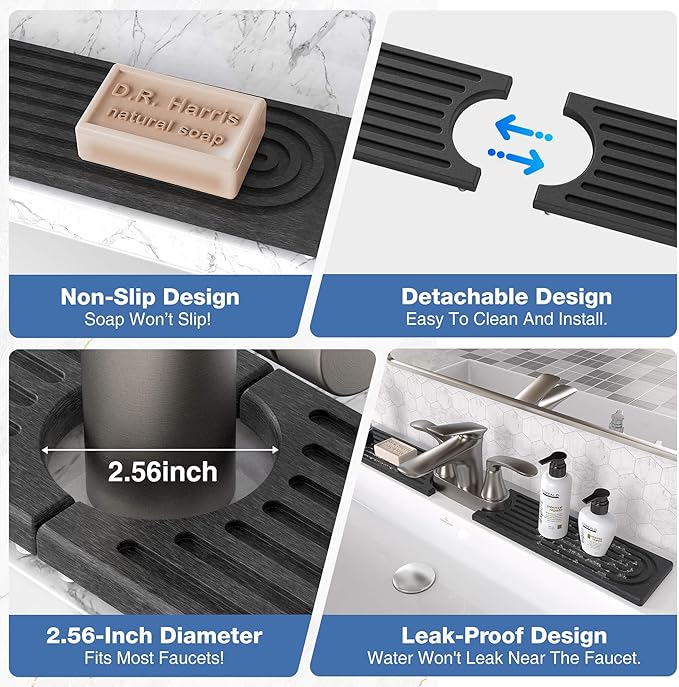 DK177 Faucet Mat for Kitchen Sink - Water Absorbing Stone Tray for Sink, Diatomite Fast-Drying Faucet Mat, Faucet Splash Guard for Bathroom Counter (Dark Gray, 15.8" x 4")
