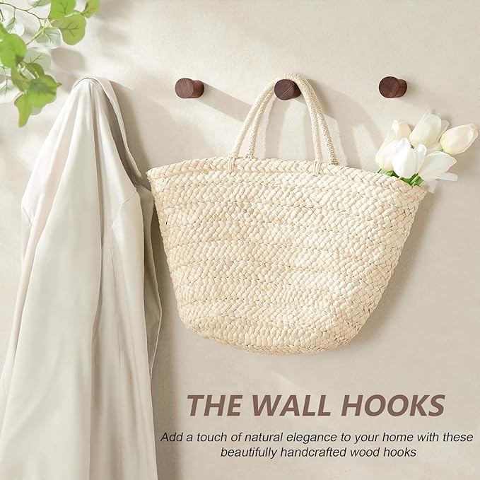 Wooden Wall Hooks 6 Pack, Modern Decorative Coat Hook Wall-Mount, Handmade Rustic Hat Hooks, Entryway Wall Hangers for Hanging Coats Hats Backpack, Bathroom Wood Towel Rack (Walnut)