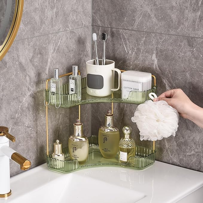 2 Tier Plastic Bathroom Sink Organizer with Hooks, Corner Bathroom Counter Organizer Makeup Storage Vanity Tray for Countertop (Green Gold)