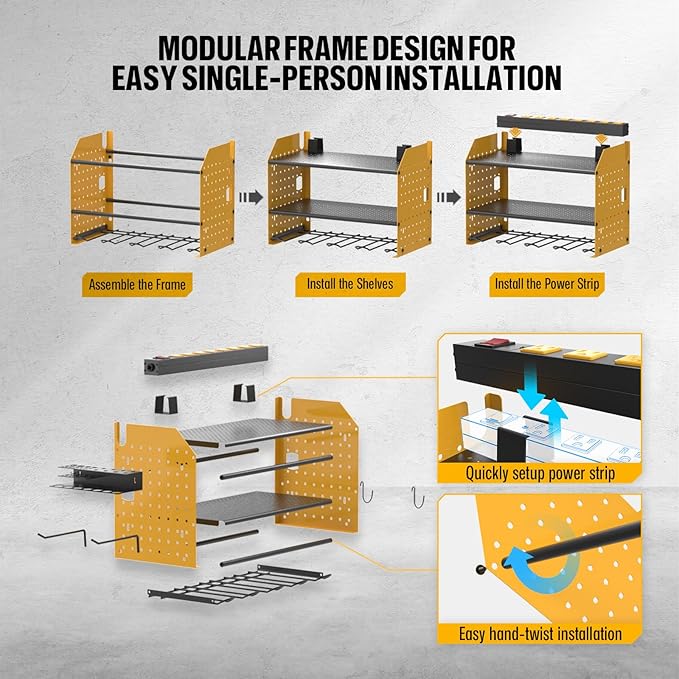 CRST Power Tool Organizer Wall Mount with Charging Station, Cordless Drill Holder with 8-Outlet Power Strip, Modular Garage Organization Storage Rack Shelf, DIY Pegboard, Gift for Men Yellow