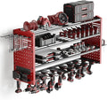 Tomorotec 4-Layer Wall-Mounted Power Tool Storage Rack, Heavy-Duty Steel Drill Organizer with Adjustable Shelves & Side Hooks for Toolbox, Easy Installation Garage & Workshop Storage (Red)