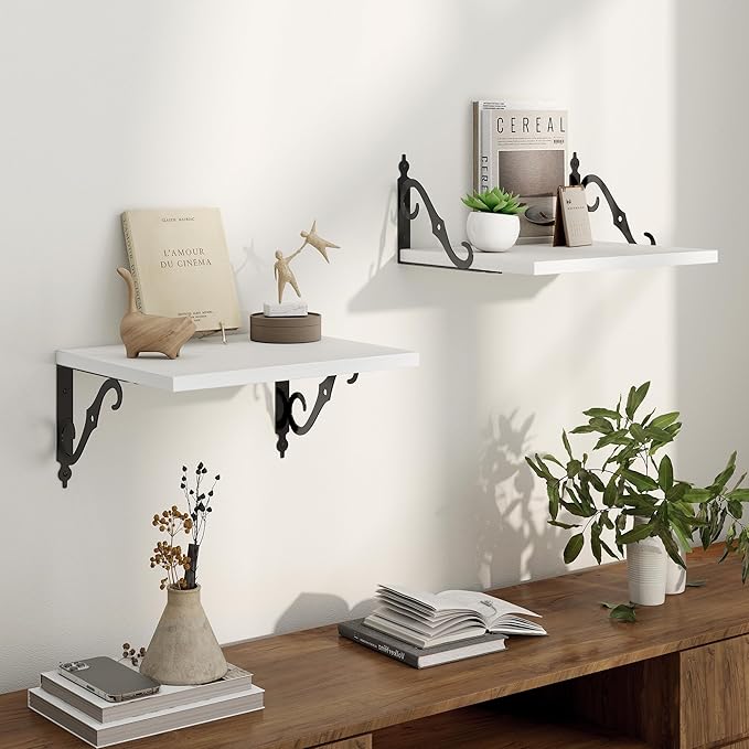 16 Inch Deep Floating Shelves for Wall, 12 Inch Deep Floating Shelf with Bracket, White Wall Shelves 16 Inches Long, Wide Display & Storage Shelves for Living Room, Bathroom, Bedroom, White, Set of 2