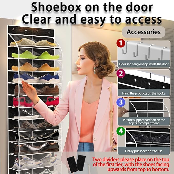 Over The Door Shoe Organizer with 12 Large Breathable Pockets - Heavy Duty Hanging Storage for Adult, Kids & Baby Shoes - Black