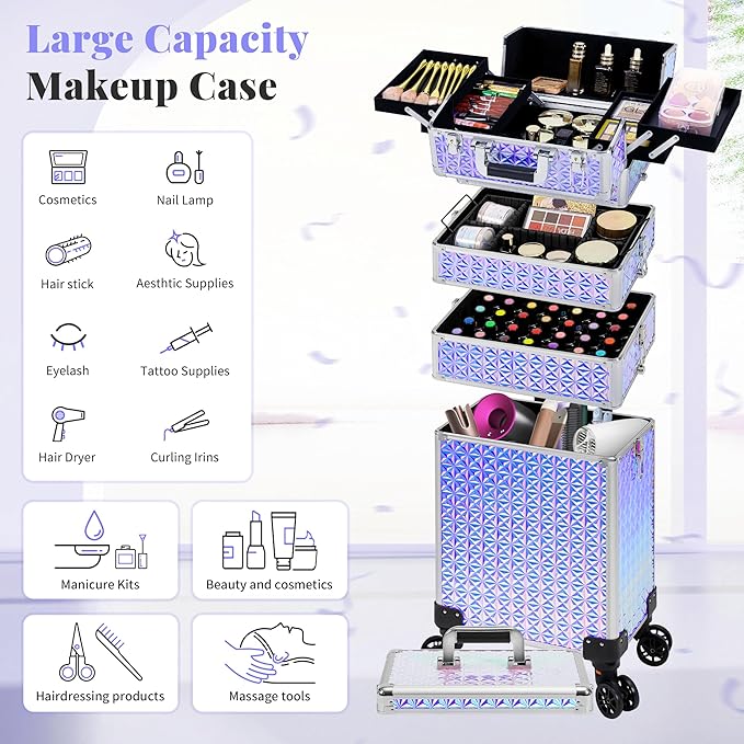 AROUS 5 in 1 Rolling Makeup Train Case Cosmetology Case on Wheels Large Cosmetic Organizer Travel Cart for Hairstylist Artist Nail Beauty Salon Barber,Silver