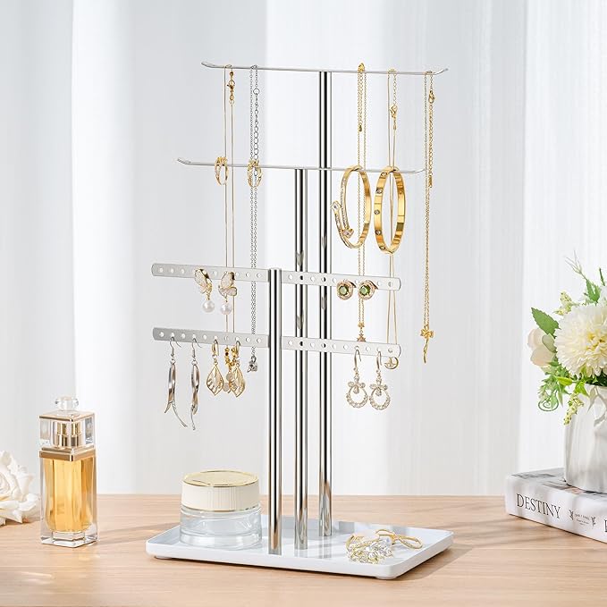 pickpiff Silver Jewelry Stand Holder Organizer: 14.5" Sturdy Hanger for 80 Pcs Jewelry, Chrome Jewlery Tower for Display Necklace, Earring, Bracelet, Watch