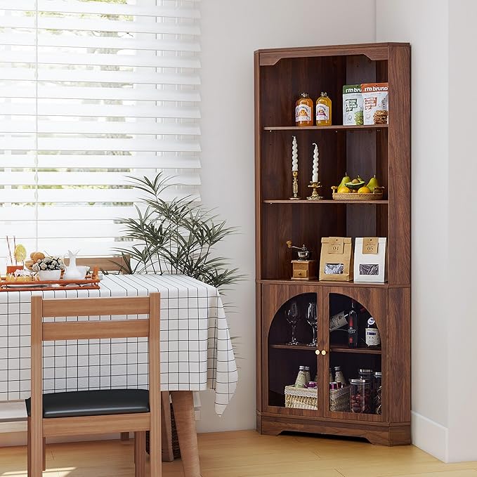 70" H Tall Coner Cabinet with Door & Adjustable Shelves, Mid-Century Farmhouse Wood Storage Cabinet, Home Pantry Hutch for Kitchen, Dining Living Room, Bathroom, Antique Dispaly (Walnut)