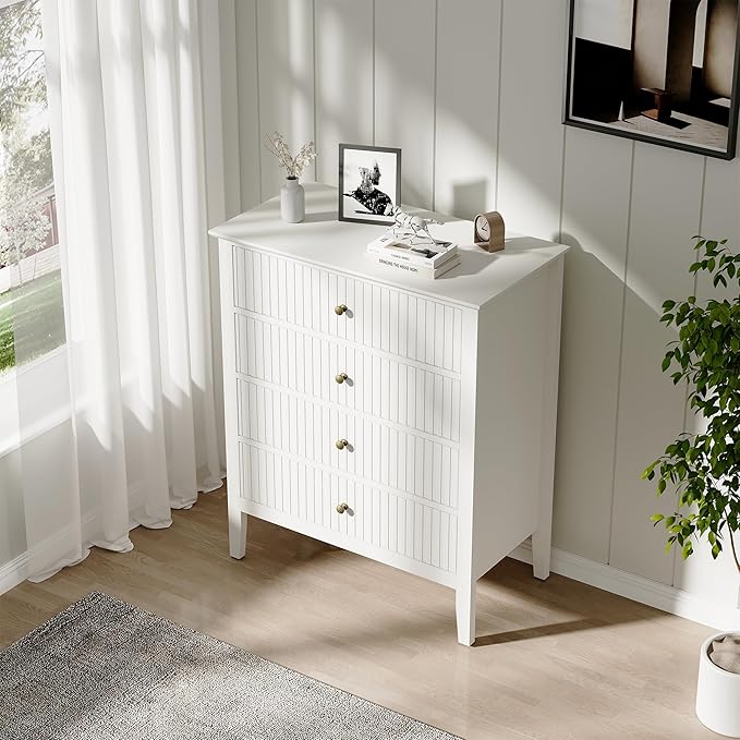 RoyalCraft White Fluted 4 Drawer Dresser for Bedroom, Modern Chest of Drawers, Wood Dresser for Storage Clothes, Wooden Storage Cabinet Nightstand for Bedroom, Hallway, Living Room, Entryway