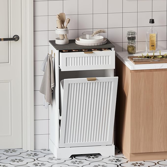 13 Gallons Tilt Out Trash Can Cabinet, Wooden Fluted Trash Garbage Can Cabinet with Drawers, Hidden Laundry Hamper with Hooks for Kitchen Living Room, White