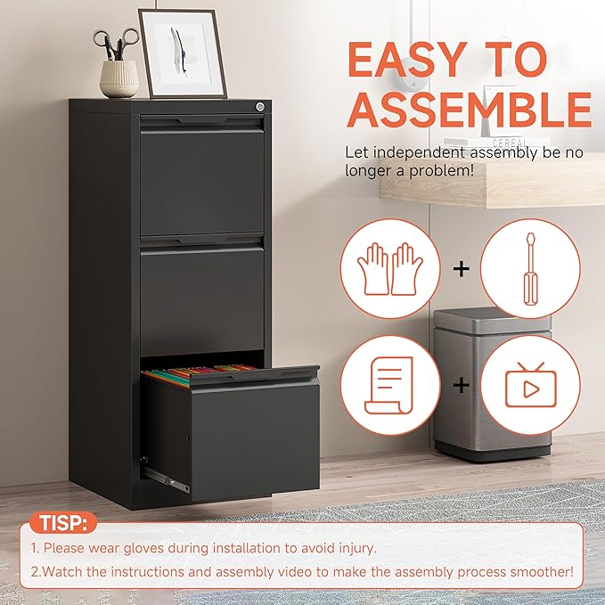 3 Drawer File Cabinet with Lock,Vertical Filing Cabinets for Home Office,Heavy Duty Metal File Cabinet for Hanging A4/Letter/Legal Size File,Vertical File Cabinet 15" W X 17.8" D X 38.3" H-Black