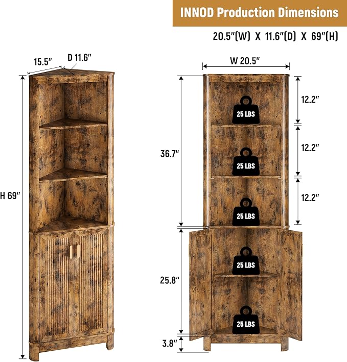 69" Tall Corner Shelf with Doors, 7-Tier Corner Storage Cabinet with Doors, Space Saver Shelf for Bathroom, Bathroom Floor Cabinet for Living Room Kitchen, Hallway