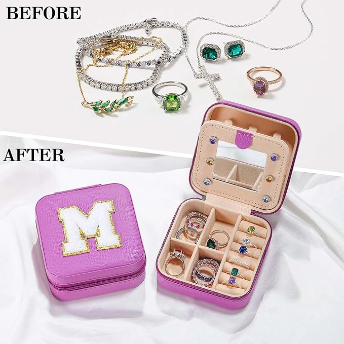 Parima Christmas Gifts for Mom - Small Travel Jewelry Box, Travel Jewelry Case with Mirror for Necklace Earrings Rings Organizer | Birthday Gifts Christmas Travel Gifts for Mom - Letter F, Purple