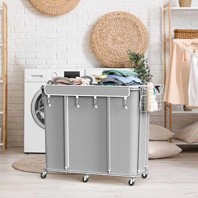 Simple Houseware Extra Large 2 Section Rolling Laundry Cart 265 Liter – Heavy Duty Hamper with 2 Removable Bags & 6 Smooth Wheels – Commercial Laundry Organizer for Home, Hotel, Dorm, Gym, Gray