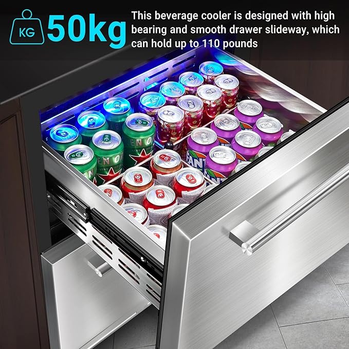 BODEGA 24 Inch Beverage Fridge under Counter, 2 Drawer Outdoor Coolers for Patio and Deck Weatherproof, Stainless Steel Beverage Refrigerator for Beer, Soda, Holds 180 Cans