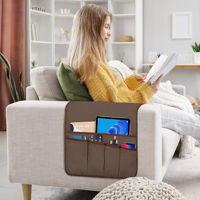Remote Control Holder for Armchair, Couch Caddy Organizer TV Remote Holder for Bed Storage 5 Pockets, Remote Caddy Bedside Organizer Bedside Table Organizer (Brown, 35"x12.4")