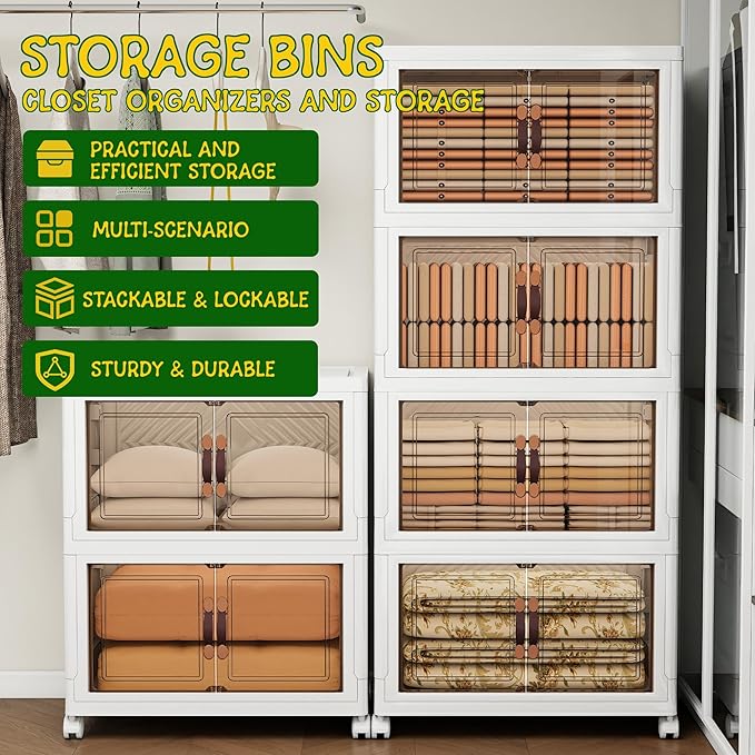 Storage Bins with Lids and Wheels, Collapsible Bathroom Storage Cabinet with Clear Doors, Plastic Stackable Closet Organizers and Storage Containers White 628 QT