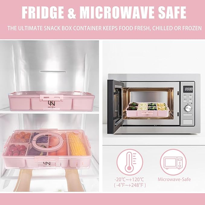 Stackable Snackle Box Container with 2 Lids, 14 Compartments - BPA-Free Snackle box Organizer, Dishwasher & Microwave Safe Reusable Snacklebox for Veggies, Fruits, Charcuterie, Snacks (Pink, 2 Pack)