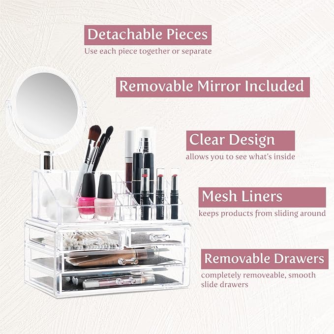 Masirs Clear Makeup Organizer with Mirror – 16-Compartment Cosmetic and Jewelry Holder, 4-Drawer Vanity Storage, Elegant Clear Design for Makeup and Accessories