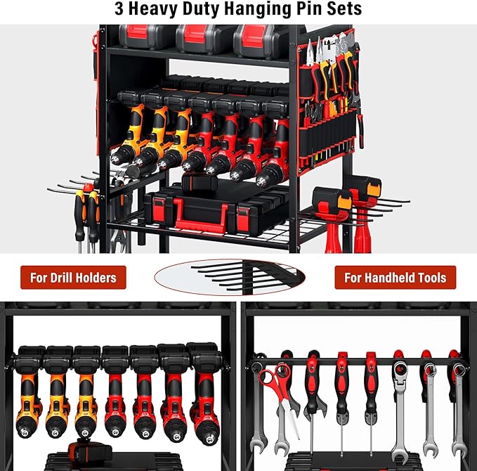 TC-HOMENY Power Tool Organizer Cart with 8 Outlets Charging Power Station, 24 Large Drill Tool Storage Racks with Wheels for Garage, Heavy Duty Tools Organizer Station, Festival Gifts for Men Dads