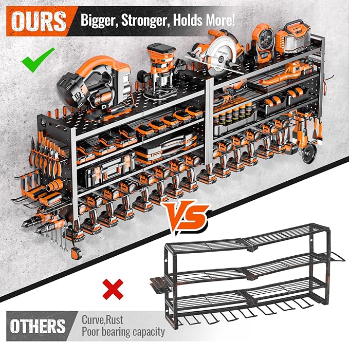 66" W Super Large Power Tool Organizer Wall Mount,Heavy Duty Cordless Tool Organizer with 18 Drill Holder,600 Lbs Capacity 4-Layer Garage Organization for Garage and Workshop (Black)