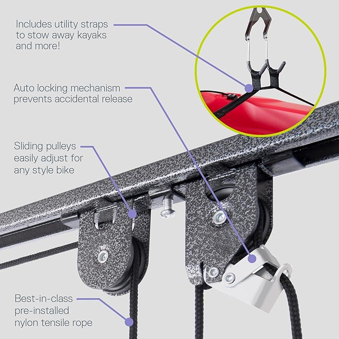 Bike Hoist- Heavy Duty for Space Saving - Road, Commuter & Mountain Bikes, Holds Kayaks & Ladders - No-Hassle Installation for Quick & Easy Access