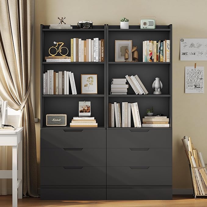 DICTAC Bookcase Set of 2 with 3 Drawers 73.23'' Bookshelf Storage Cabinets with Shelves and Drawers Kitchen Pantry with Microwave Stand,Storage Organizer for Living Room,Office,Study,Bathroom