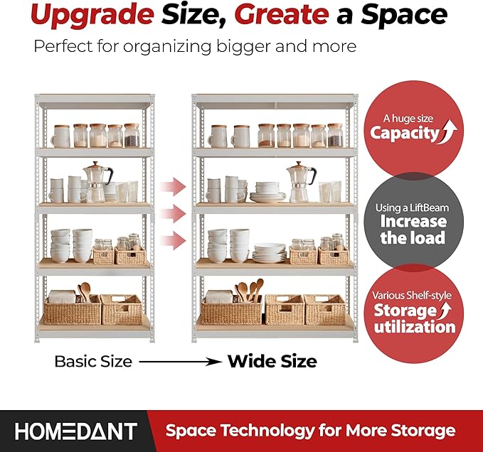 HOMEDANT 5 Tier Storage Shelves Adjustable Laminated Boltless Garage Metal Shelving Unit Heavy Duty Utility Rack Shelf Warehouse Pantry Closet Kitchen (3, (XL Deep) 48.1" W, White)