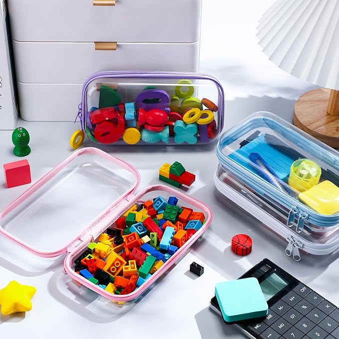 Hoolerry 4 Pcs Hard Clear Zipper Case Makeup Bags Plastic Pencil Pouch Transparent Storage Box Containers for Cosmetics, Snacks, Building Blocks, Puzzles(Multicolor,7.5 x 3.9 x 2 in)