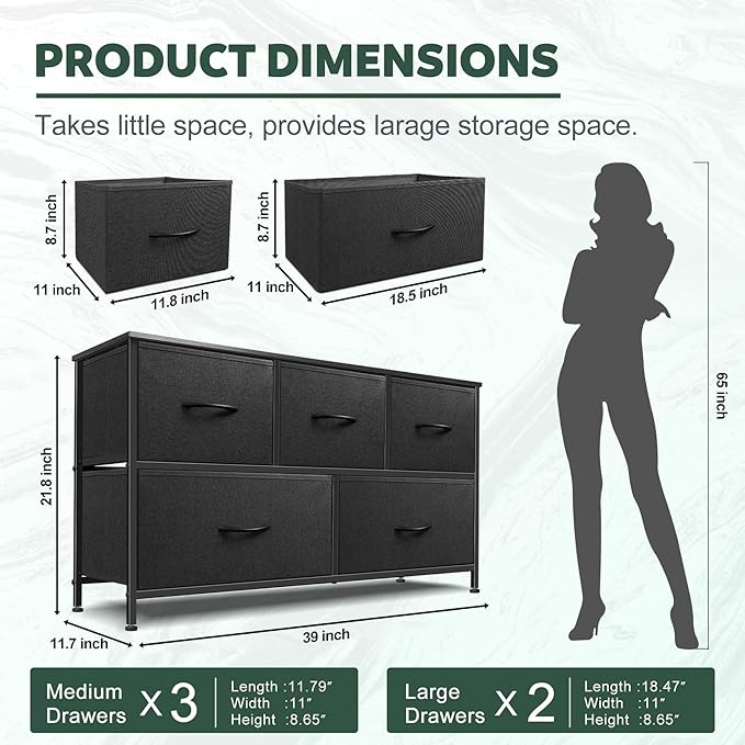 Dresser for Bedroom with 5 Drawers, Chest of Drawers, Storage Drawers Organizer Unit, Black Wide Fabric Dresser with Fabric Bins for Closet, Living Room, Bedroom (Charcoal Black)