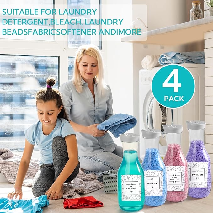 4 Pack Laundry Bottles 53oz Plastic Liquid Detergent Dispenser with 20 Label Laundry Room Organization for Liquid Powder Bleach Scent Booster Beads Soap Fabric Softener