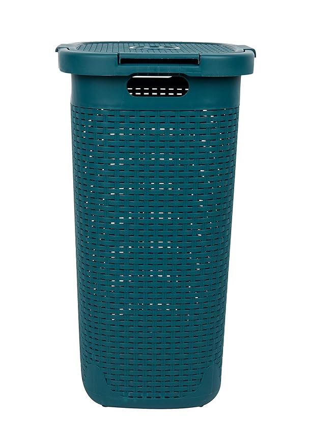 Mind Reader Slim Laundry Hamper with Lid, 60L Clothes Basket, Premium Wicker Design, Plastic, Blue