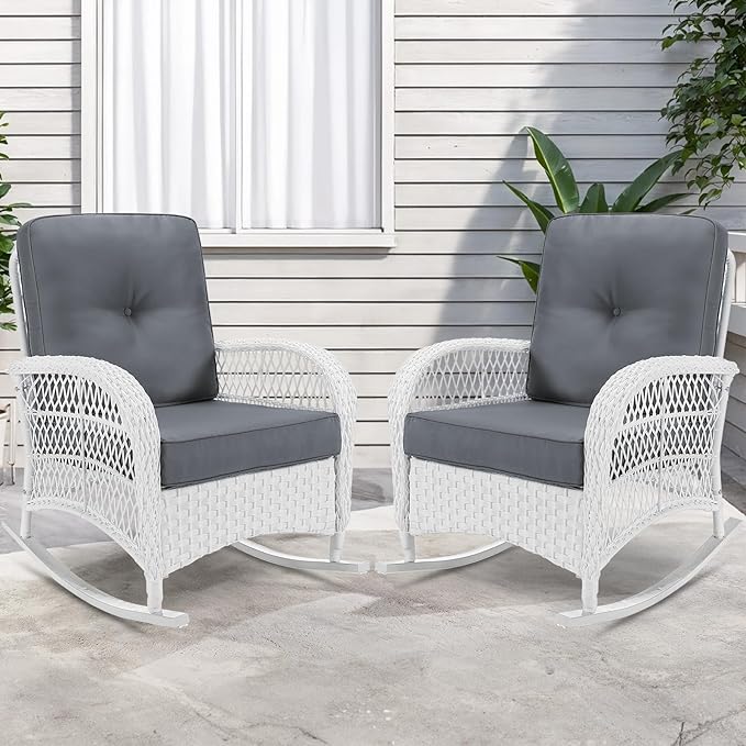 VIVIJASON 2 Piece Patio Wicker Rattan Rocker Chair, Outdoor Rattan Rocker Chair with Cushions & Steel Frame, All-Weather Rocking Lawn Wicker Furniture for Garden Backyard Porch (White Wicker/Grey)