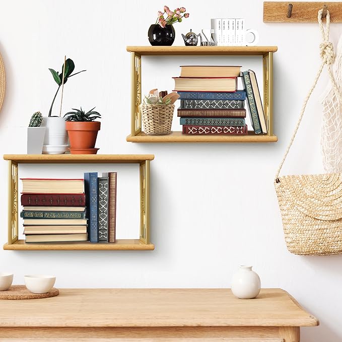 Floating Nightstand Set of 2 - Natural Solid Wood Night Stand, Wall Mounted Bedside Table 2 Tier Shelf, Modern Metal Celestial Side Floating Shelves Decor for Living Room Bedroom