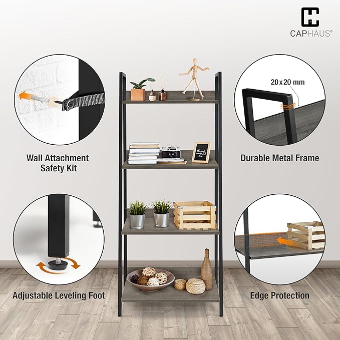 CAPHAUS 4 Tier Ladder Bookshelf, 24 Inch Width Free Standing Shelf, Bookcase Shelf Storage Rack Organizer, Industrial Book Shelves for Home Office, Living Room, Kitchen, Dark Grey Wooden Shelves