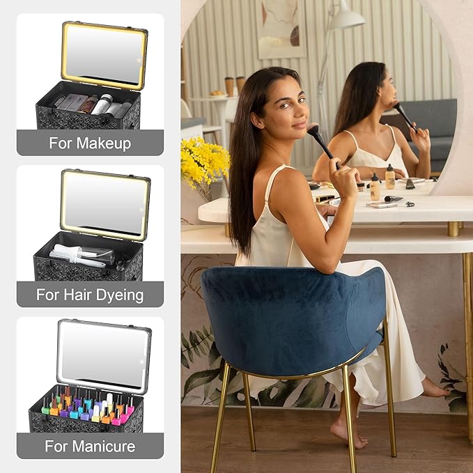 Rolling Makeup Case with Lighted Mirror, Makeup Train Case with Large Drawer, Cosmetology Case, Travel Makeup Organizers, Professional for Salon Barber, Nail, Tattoo, Black