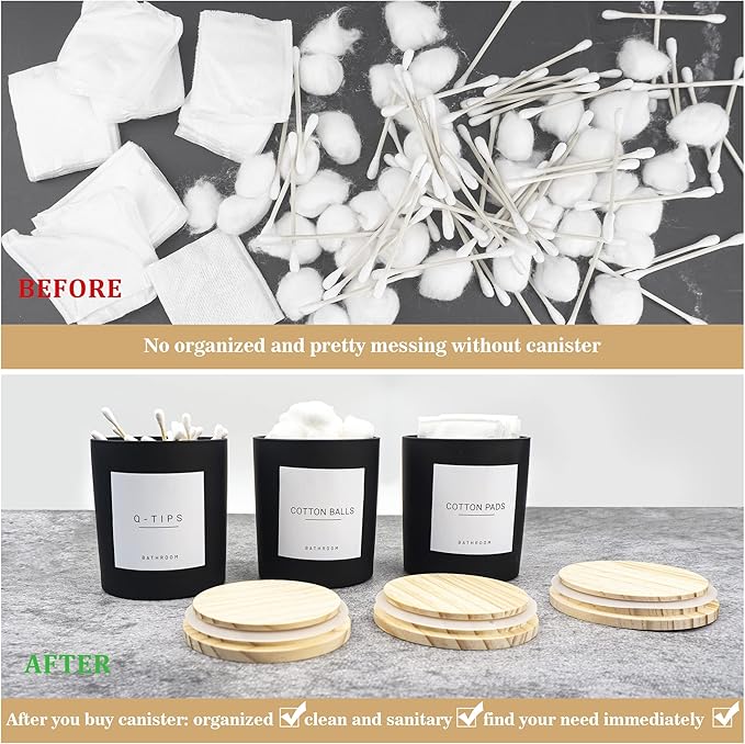 3PCS Modern 13.53oz Black Bathroom Canisters with 12 Labels & Wooden Lid Thick Glass Jar Set Qtip Holder for Cotton Ball & Pads Storage Organization Minimalist Decor