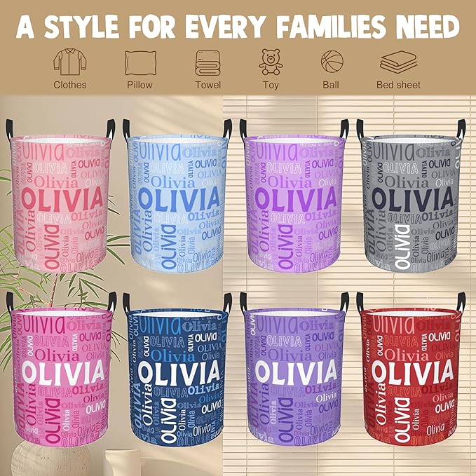 Custom Name Laundry Hamper, Personalized Laundry Basket with Name for Boys Girls Kids Men Women, Customized Name Dirty Clothes Basket Gifts for Clothes Toy Bathroom Bedroom Laundry Room Dorm