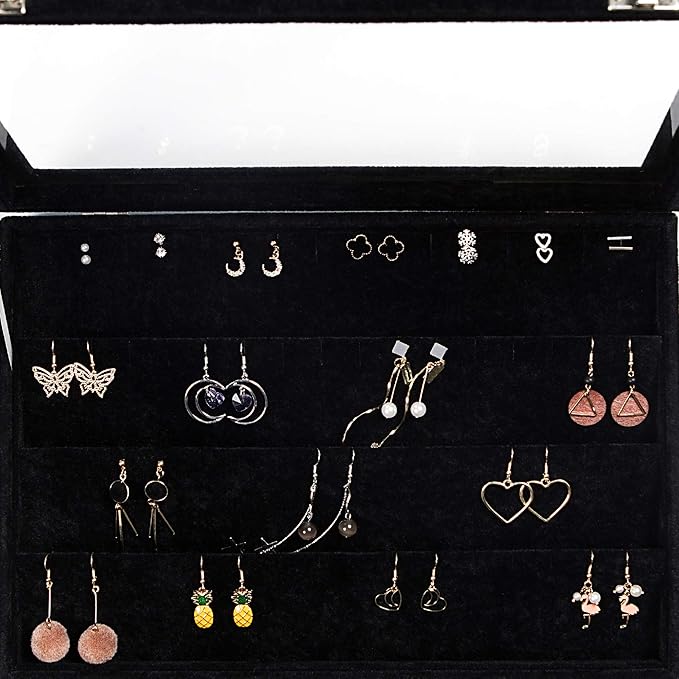 Frebeauty Earring Organizer Tray with Clear Lid 64 Slots Velvet Drawer Insert Earring Storage box with Transparent Glass lid Jewelry Display Case with lock Gifts for Women (Black, Earrings)
