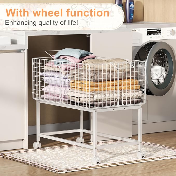 Large Rolling Laundry Basket Cart,Wire Laundry Hamper Cart with Handle and Wheels,White High Laundry Hamper for Laundry Room,Bedroom and Bathroom-120L White (29.5" L*19.7" W*27.95" H inch)