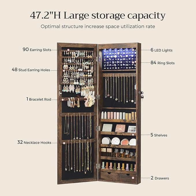 SONGMICS 6 LEDs Mirror Jewelry Cabinet, 47.2-Inch Tall Lockable Wall or Door Mounted Jewelry Armoire Organizer with Mirror, 2 Drawers, Christmas Gift, 3.9 x 14.6 x 47.2 Inches, Rustic Brown