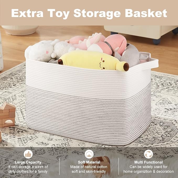 XXXL Large Blanket Basket, 108L Storage Basket, Cotton Rope Baskets for Living Room, Toy Basket for Kids, Woven Baskets for Clothes, Towels, Pillows, 25" x 16" x 16", Black and White