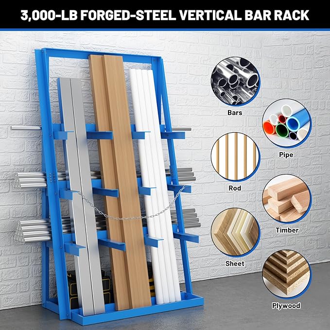 Vertical Bar Rack, 3000 LB Capacity Heavy-Duty Steel Lumber Storage, 39" W x 24" D x 84" H Pipe Organizer Rack with Safety Chain, Wall-Mounted for Garage Workshop