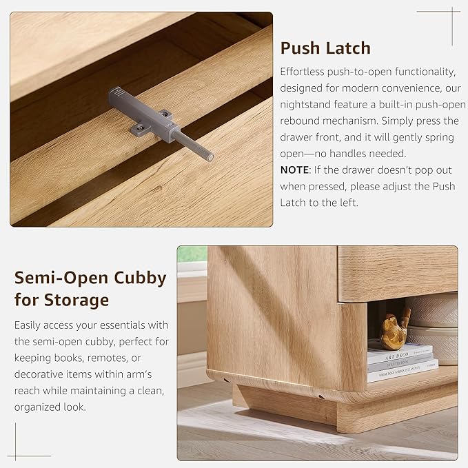 ACCOHOHO Nightstand with Charging Station, 22" Push-to-Open Bedside Table with 2 Storage Drawers, Large Modern End Table for Bedroom,Living Room,Natural Oak