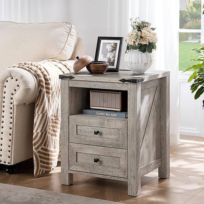Nightstand with Charging Station and USB Port, Farmhouse Night Stand with 2 Drawers and Shelf Storage, Wooden Side End Table, Bedside Cabinet for Bedroom, Living Room, Closet,Office (Grey)