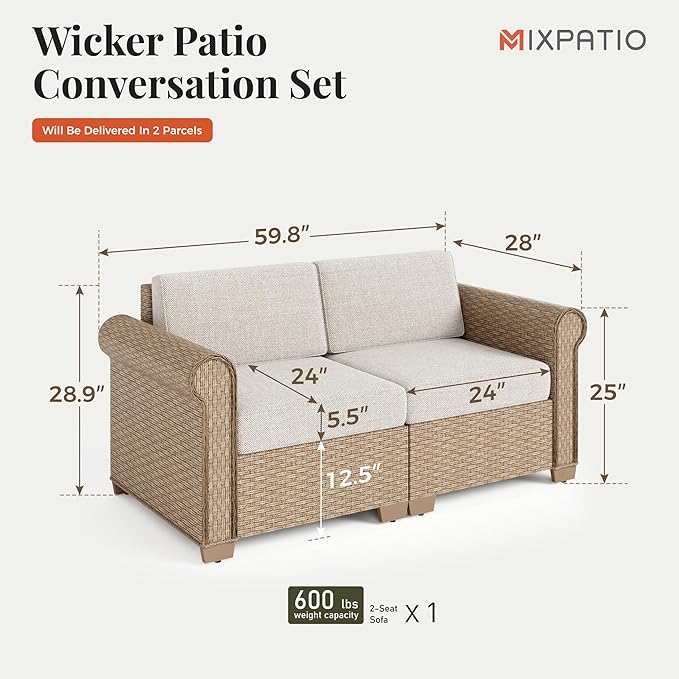 Patio Couch, 2-Piece Outdoor Rattan Wicker Sofa with 5.5" Thick Waterproof Cushions Deck Backyard