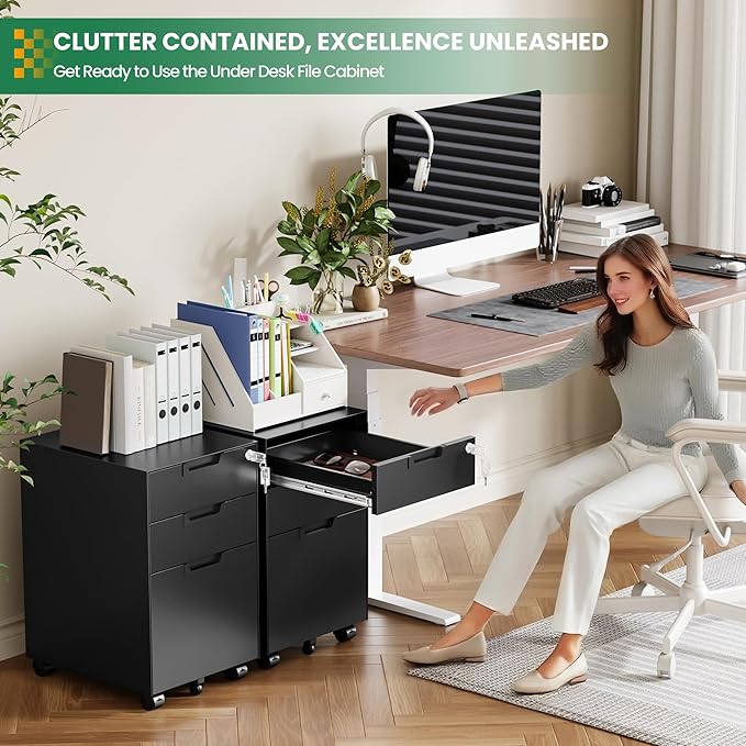 Mobile File Cabinet,3 Drawer Locking Storage Filing Cabinet,Office Metal Storage Cabinet on Wheels for Legal/Letter/A4 File(Fully Assembled，Black)