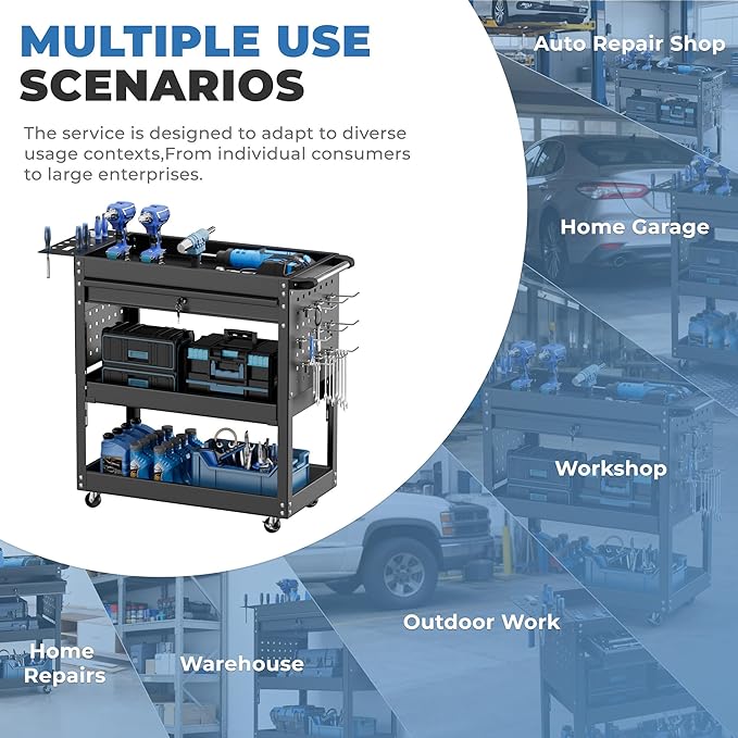 INTERGREAT Rolling Tool Cart, Heavy Duty Utility Cart on Wheels, Industrial Mechanic Carts with Drawers and Pegboard, 3-Tier Tool Storage Cart for Garage, Warehouse, Black